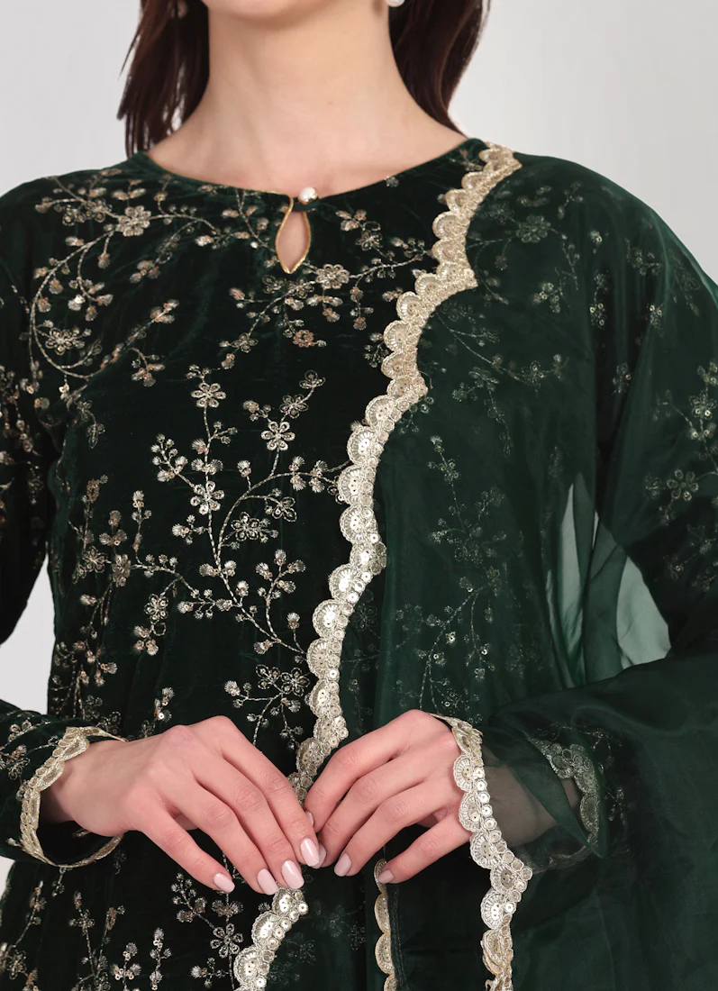 Dark Green Velvet Embroidered Suit Set - Image 6