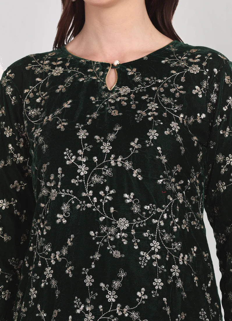Dark Green Velvet Embroidered Suit Set - Image 7