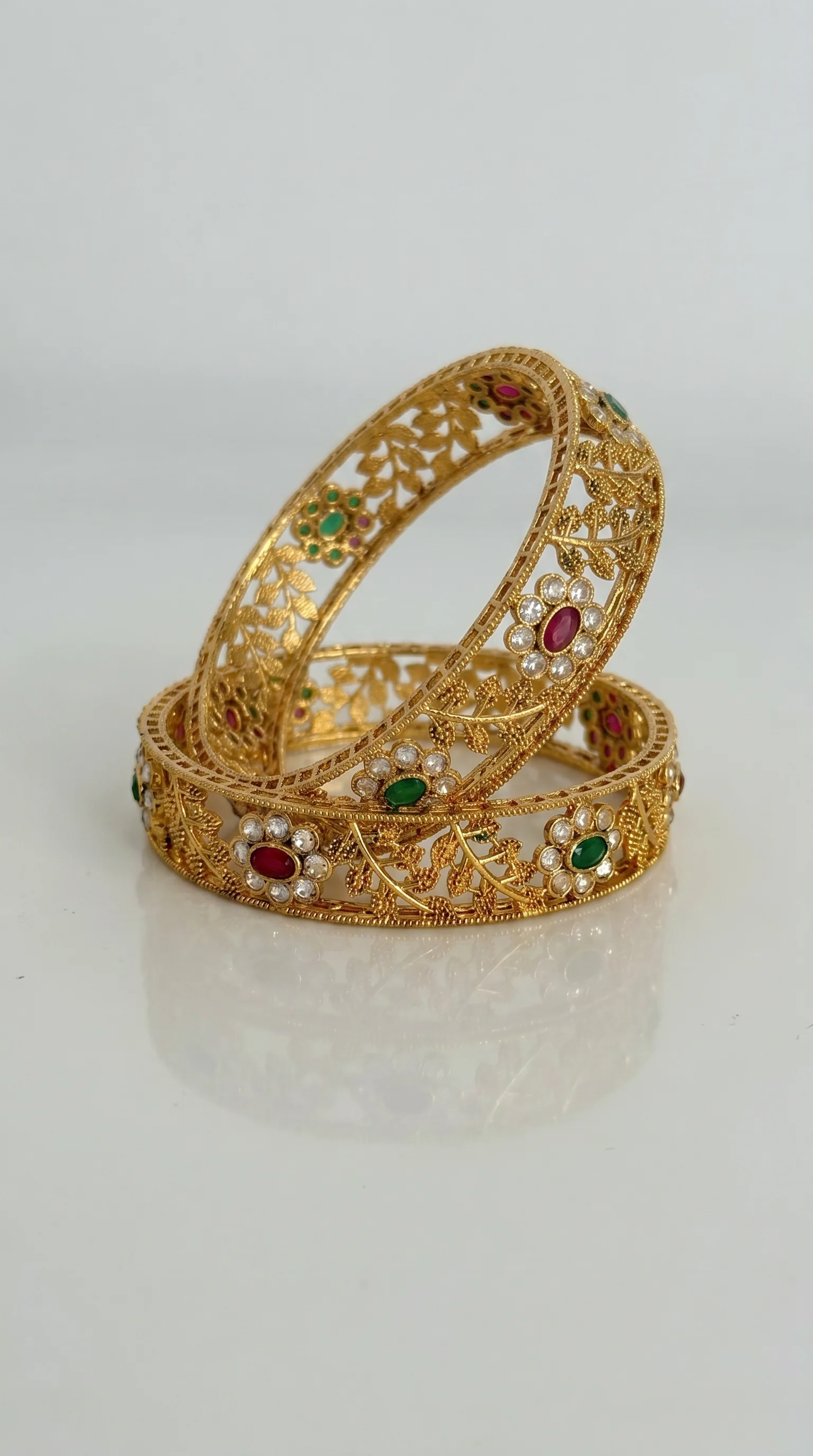 Diamonte and ruby and green diamonte leaf kara set - Image 2