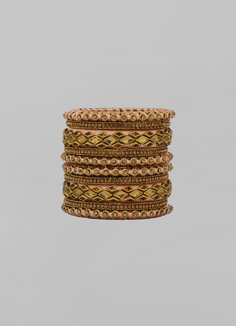 Intricate Dusky Pink Thread Bangle Set with Gold Diamante - Image 2
