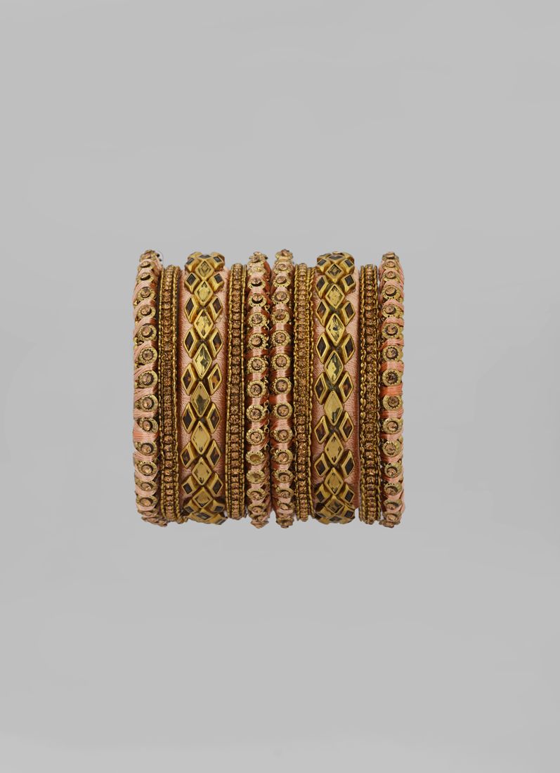 Intricate Dusky Pink Thread Bangle Set with Gold Diamante - Image 3