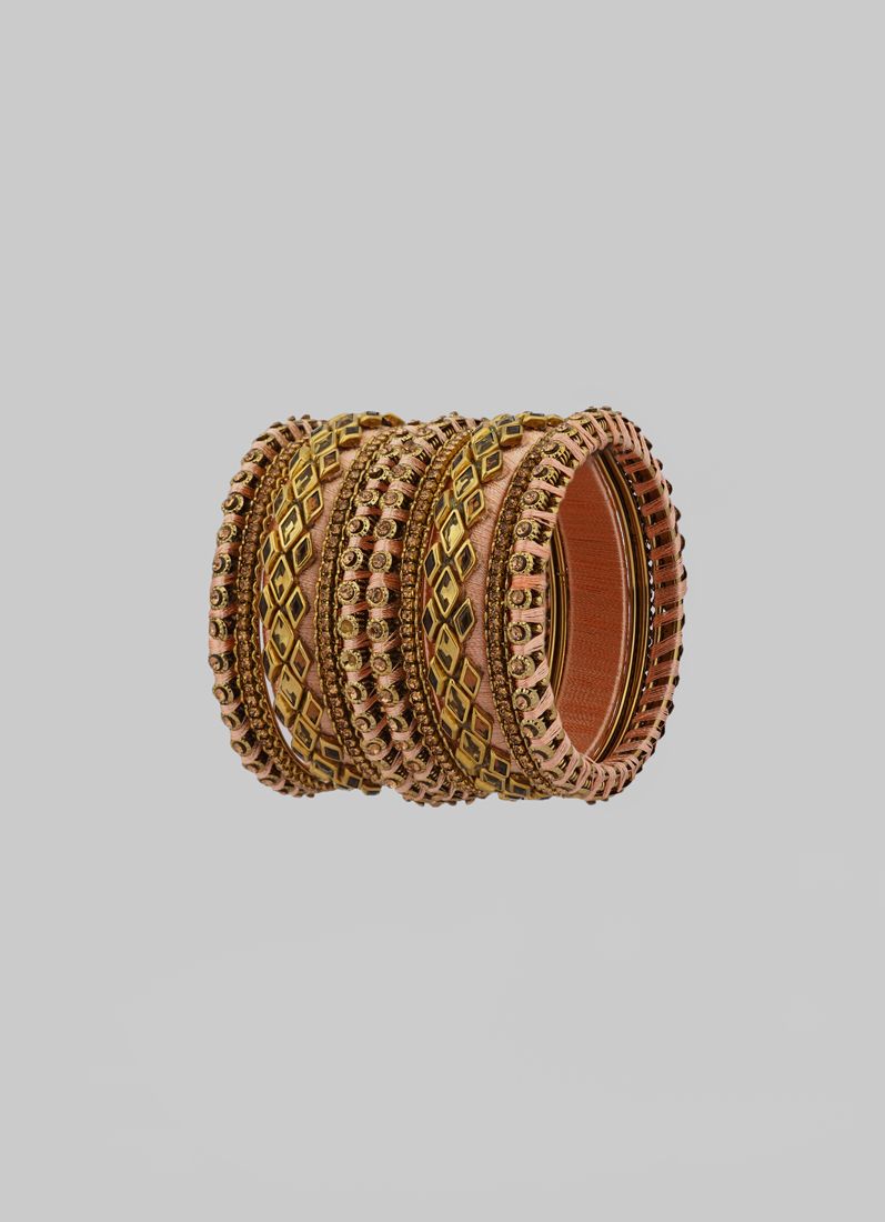 Intricate Dusky Pink Thread Bangle Set with Gold Diamante - Image 4