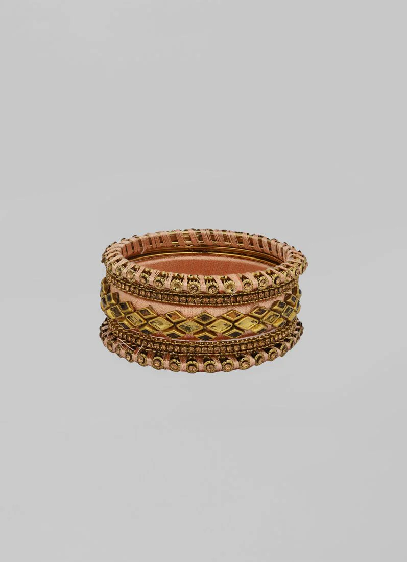 Intricate Dusky Pink Thread Bangle Set with Gold Diamante - Image 5
