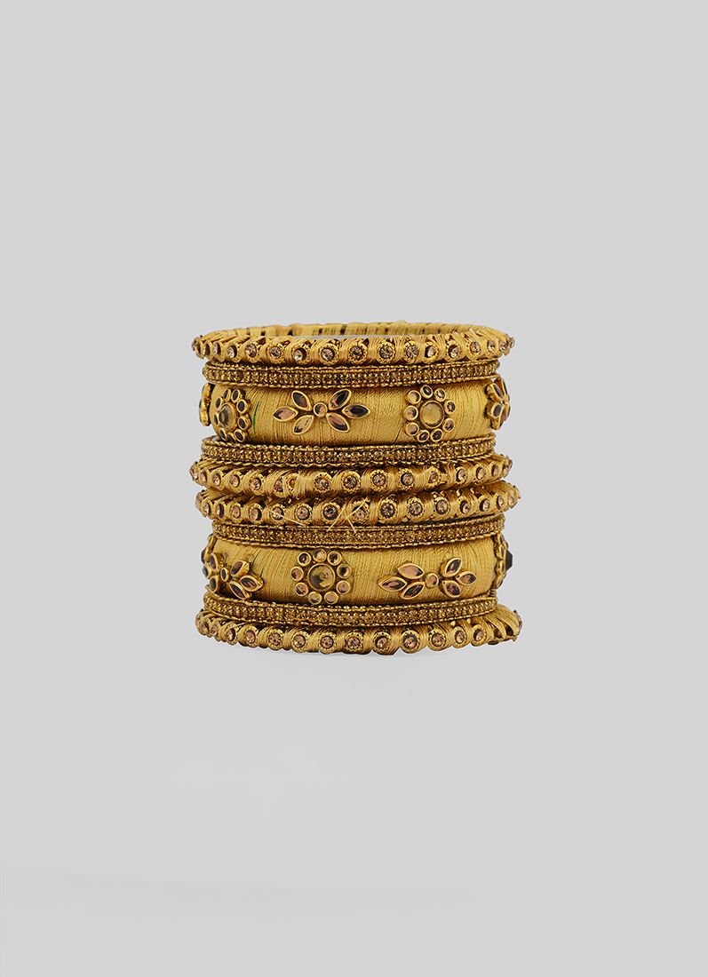 Elegant Gold Thread Bangle Set – Glossy Silk Thread with Crystal Floral Diamante Pattern - Image 2