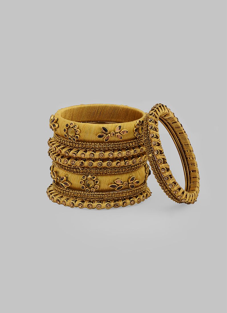 Elegant Gold Thread Bangle Set – Glossy Silk Thread with Crystal Floral Diamante Pattern - Image 3