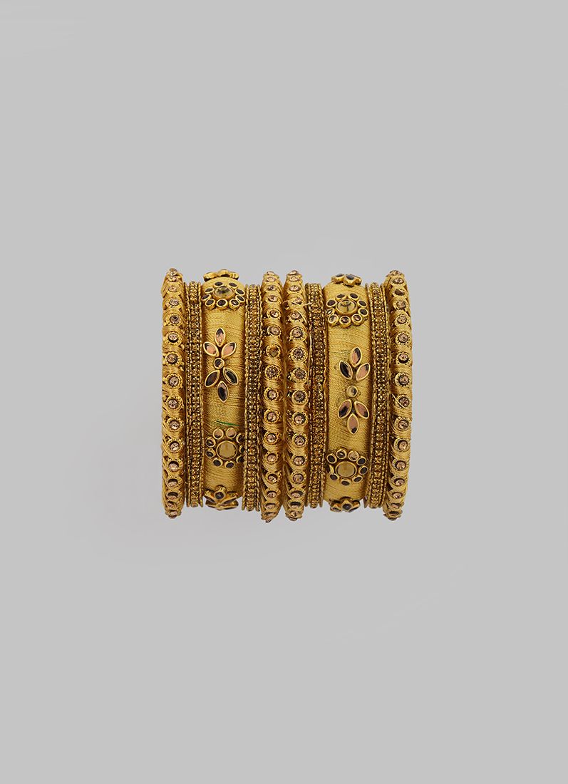 Elegant Gold Thread Bangle Set – Glossy Silk Thread with Crystal Floral Diamante Pattern - Image 4