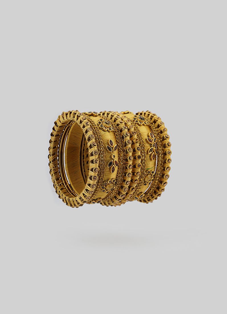 Elegant Gold Thread Bangle Set – Glossy Silk Thread with Crystal Floral Diamante Pattern - Image 5