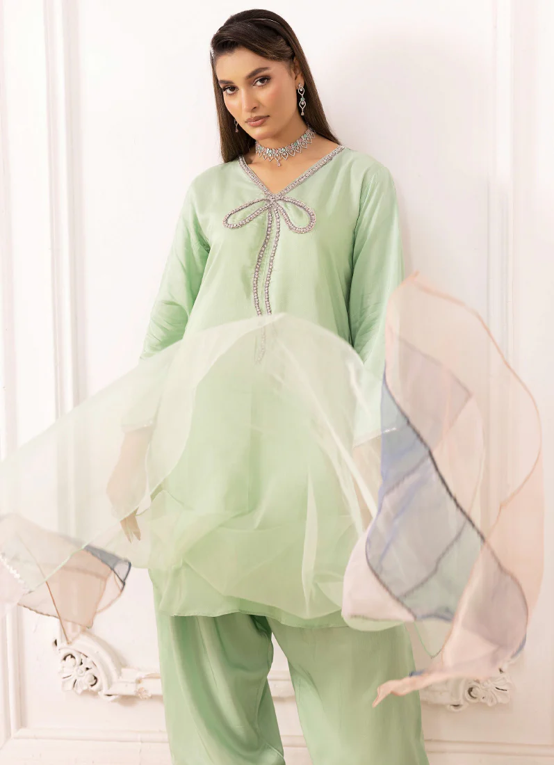 Elegant Mint Green Viscose Suit Set - Image 3