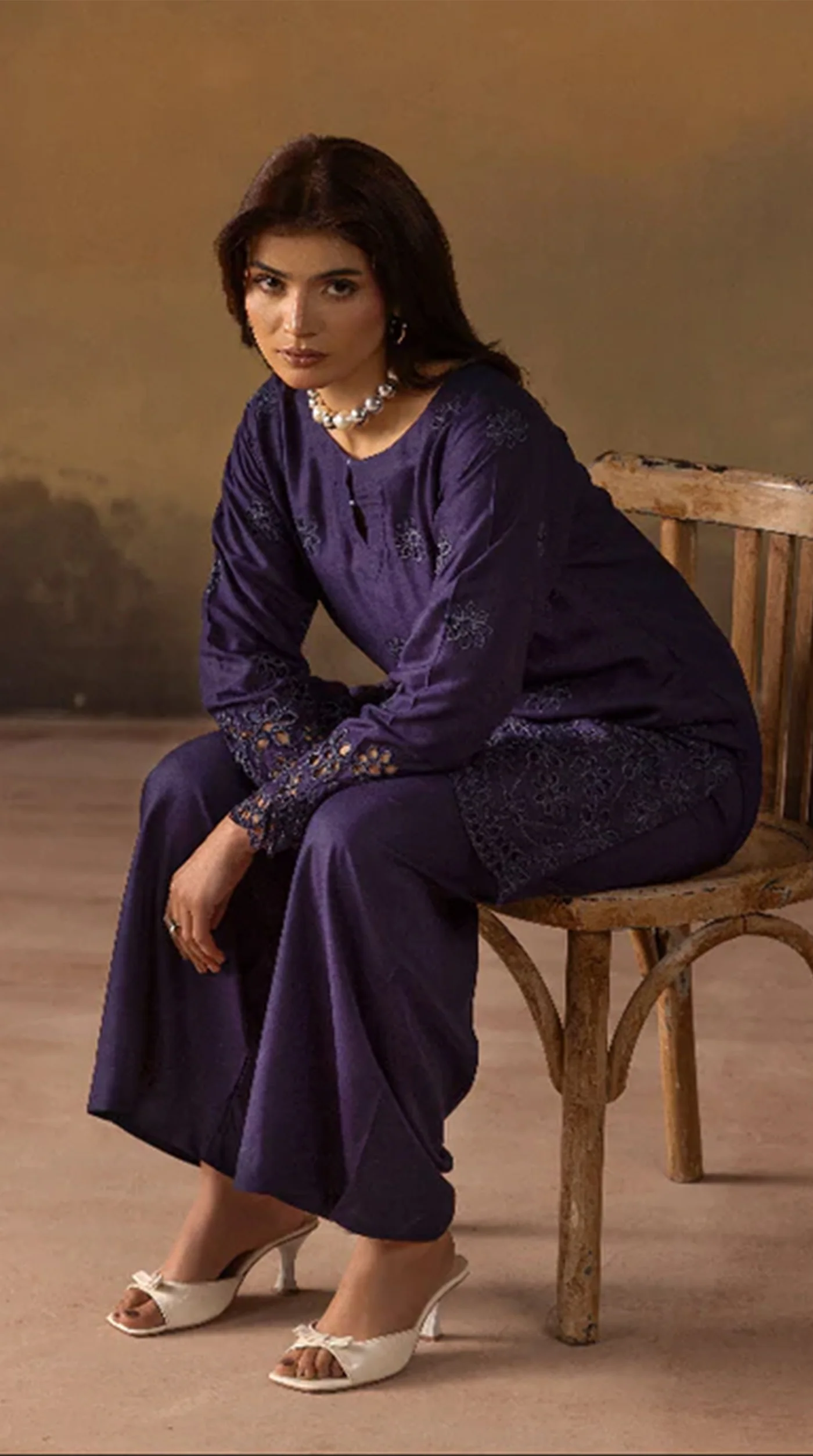 Elegant Navy Blue Linen Chikankari Co-Ord Set for Women - Image 2