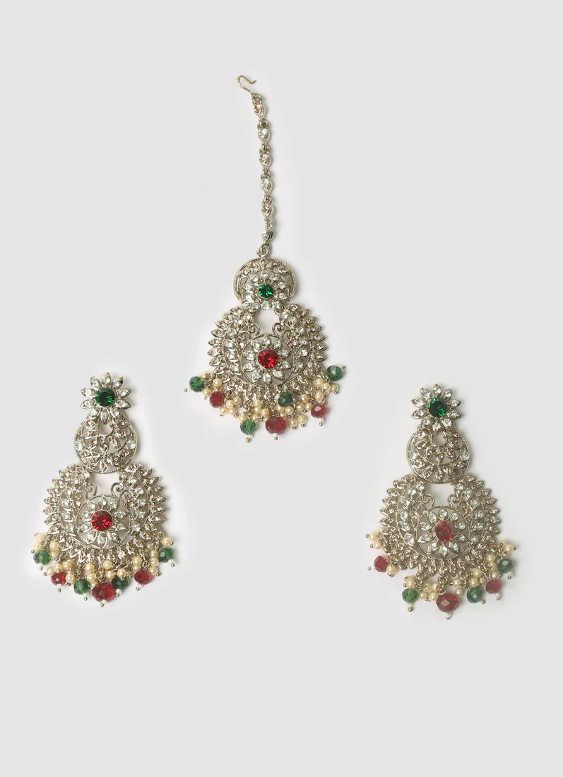 Elegant Ruby & Green Stone Earrings & Tikka Set - Image 2