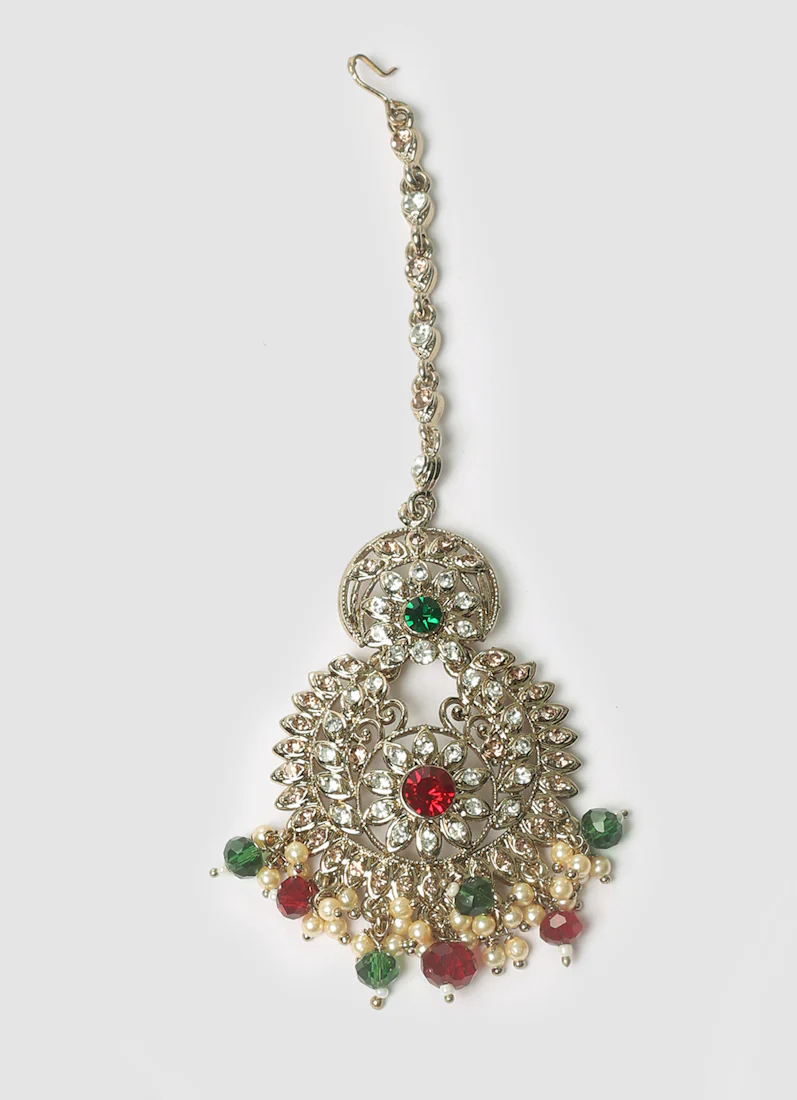 Elegant Ruby & Green Stone Earrings & Tikka Set - Image 3