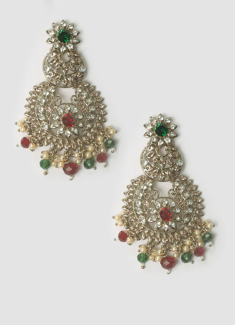 Elegant Ruby & Green Stone Earrings & Tikka Set - Image 4