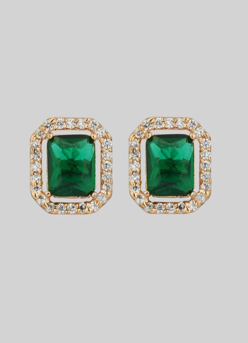 Emerald Green Stone and Diamante Stud Earrings - Image 2