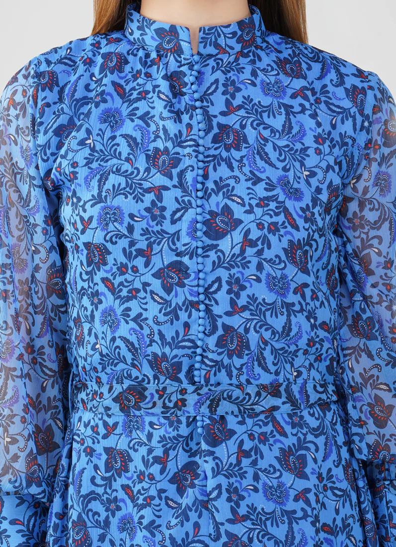 Floral Print Long Dress In Blue - Image 2