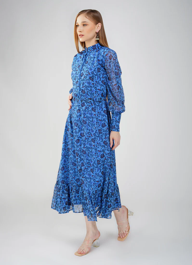 Floral Print Long Dress In Blue - Image 3