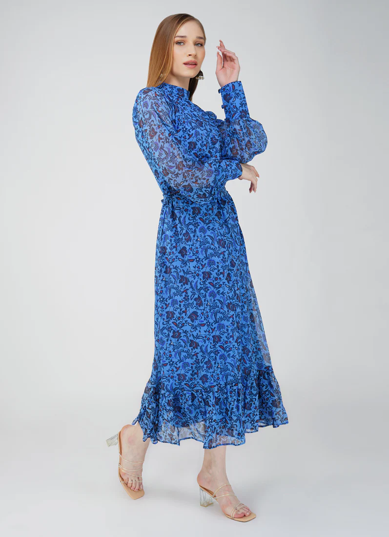 Floral Print Long Dress In Blue - Image 4