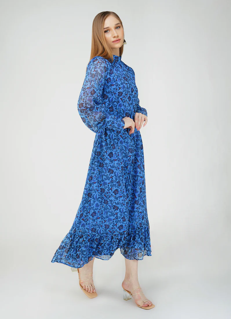 Floral Print Long Dress In Blue - Image 5