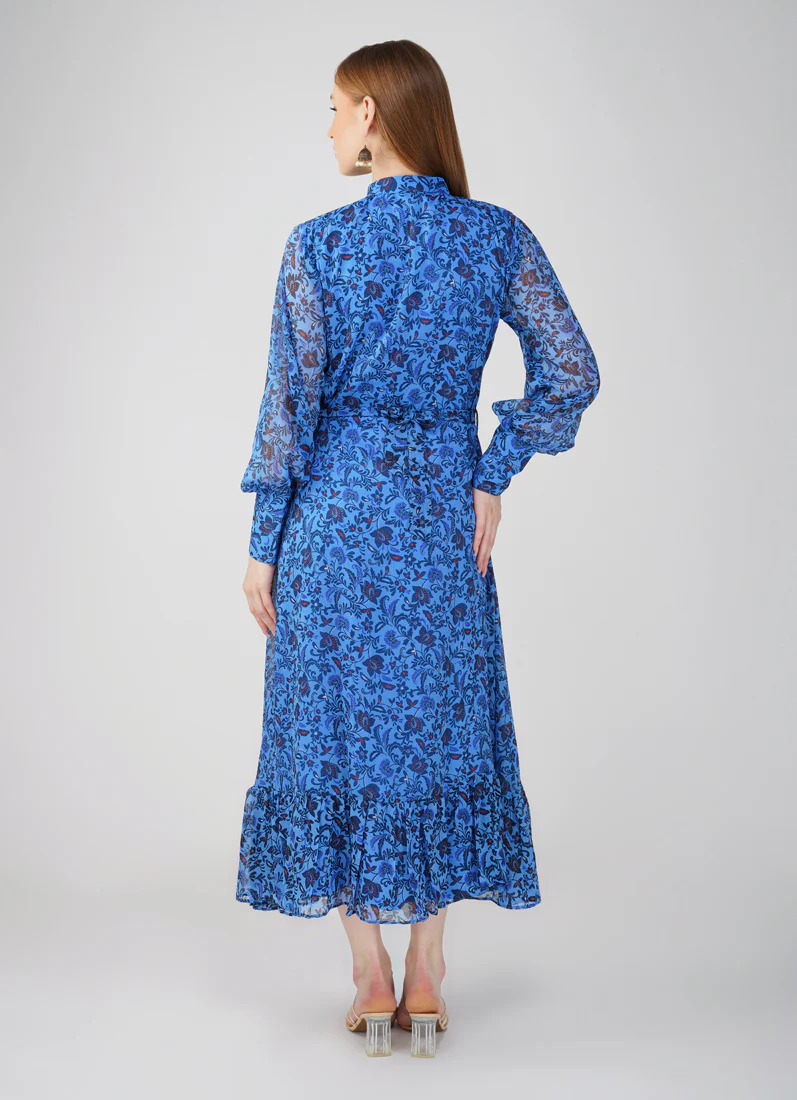 Floral Print Long Dress In Blue - Image 6