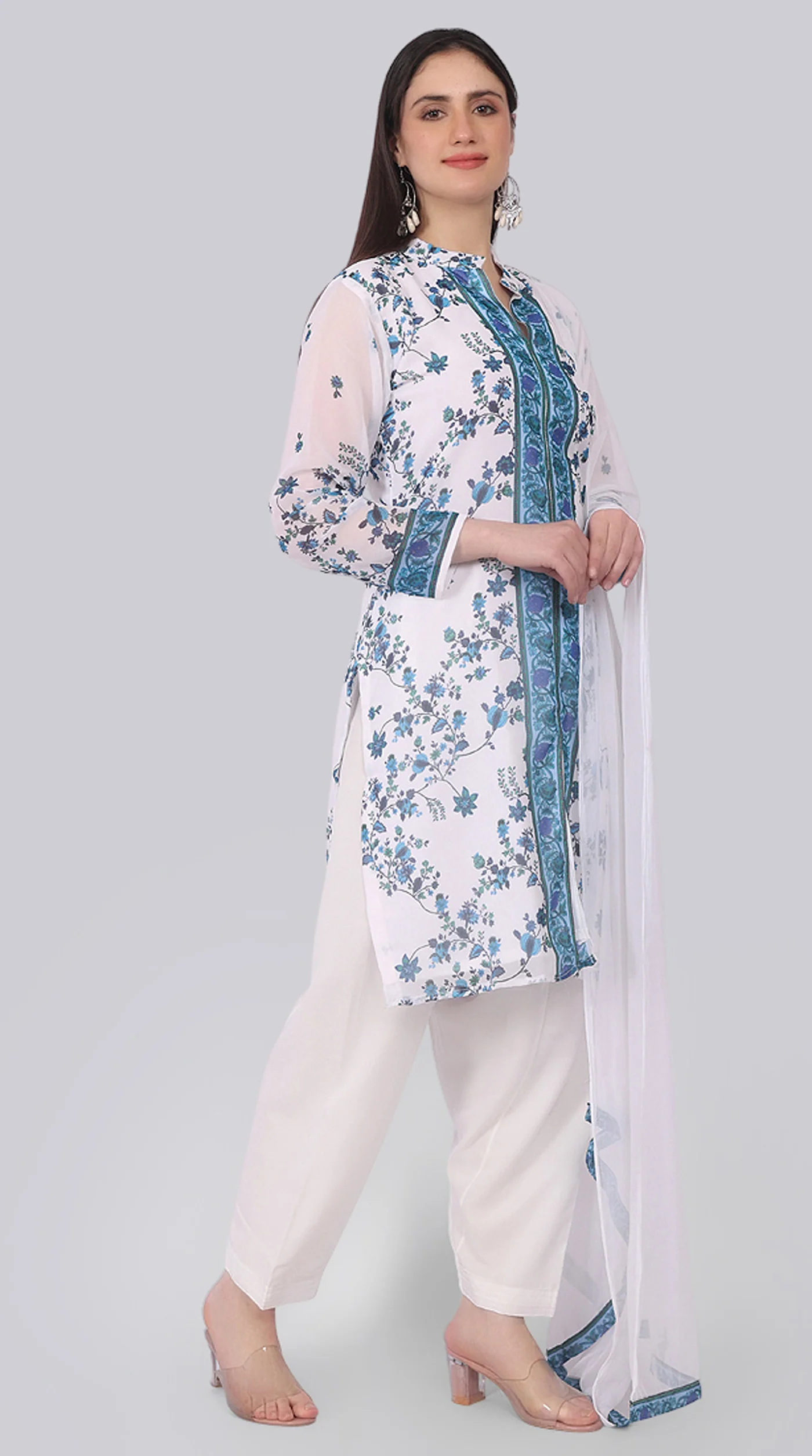 Georgette Floral Printed White Suit Set - Image 3