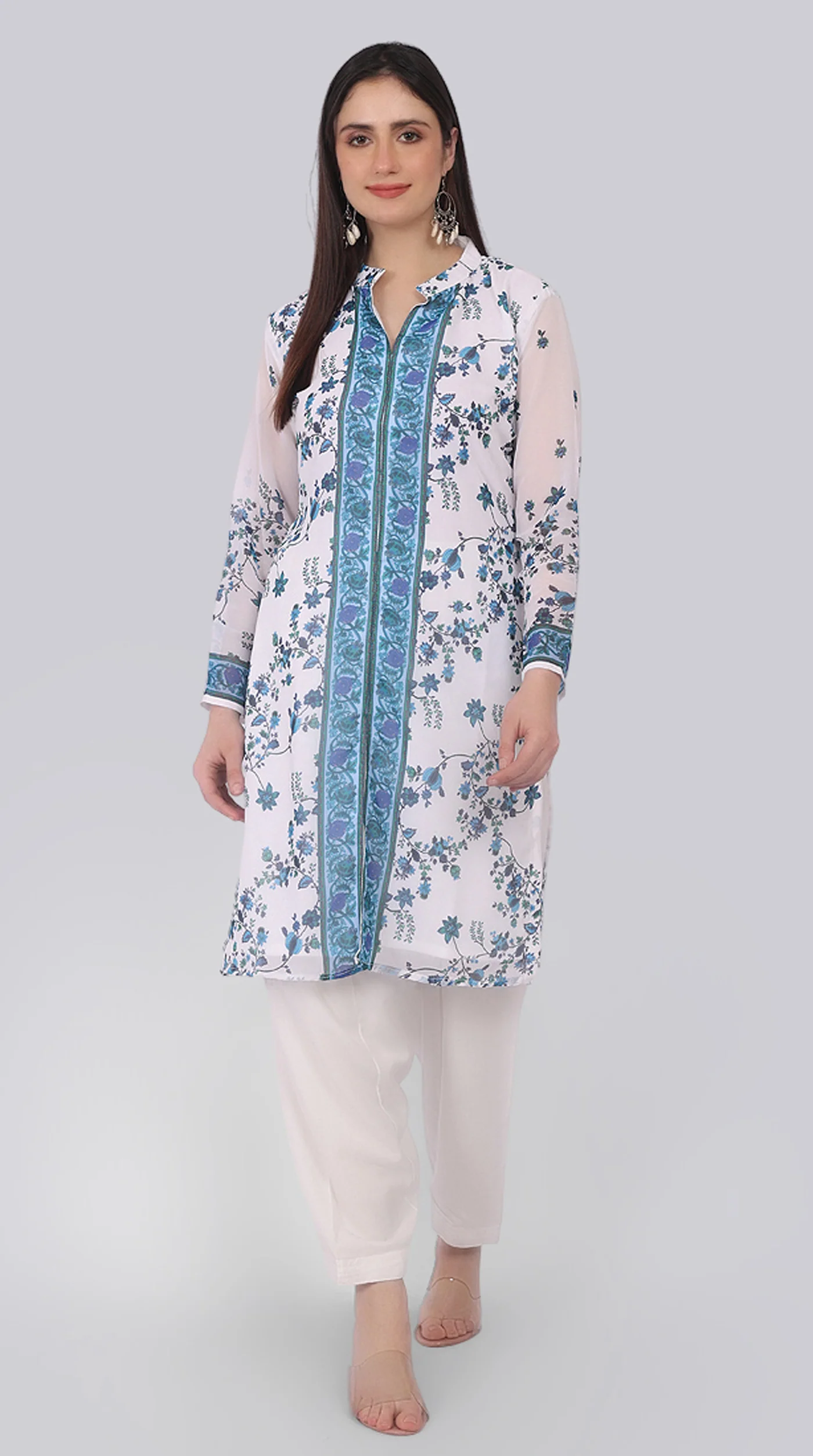 Georgette Floral Printed White Suit Set - Image 4