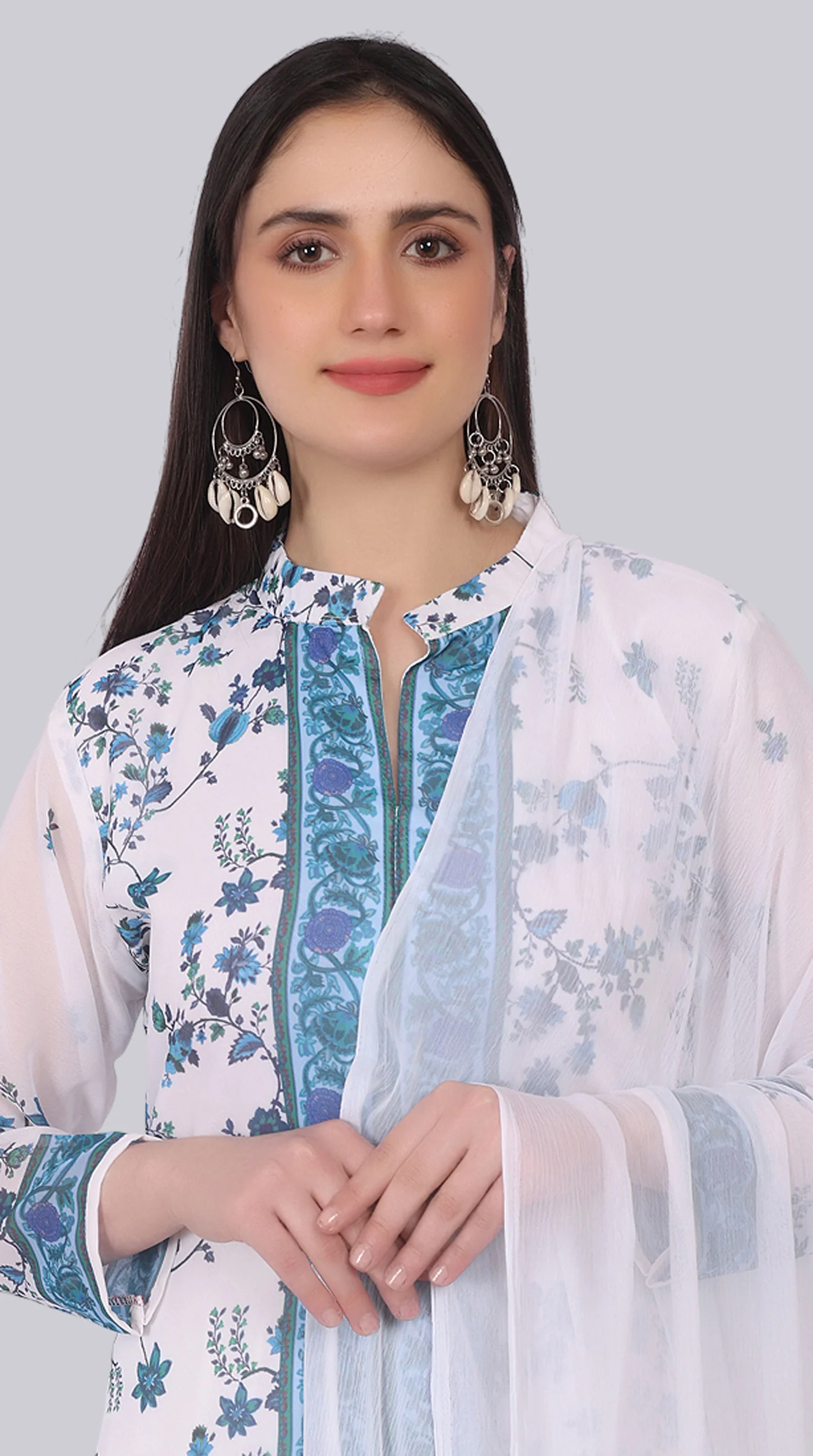 Georgette Floral Printed White Suit Set - Image 5
