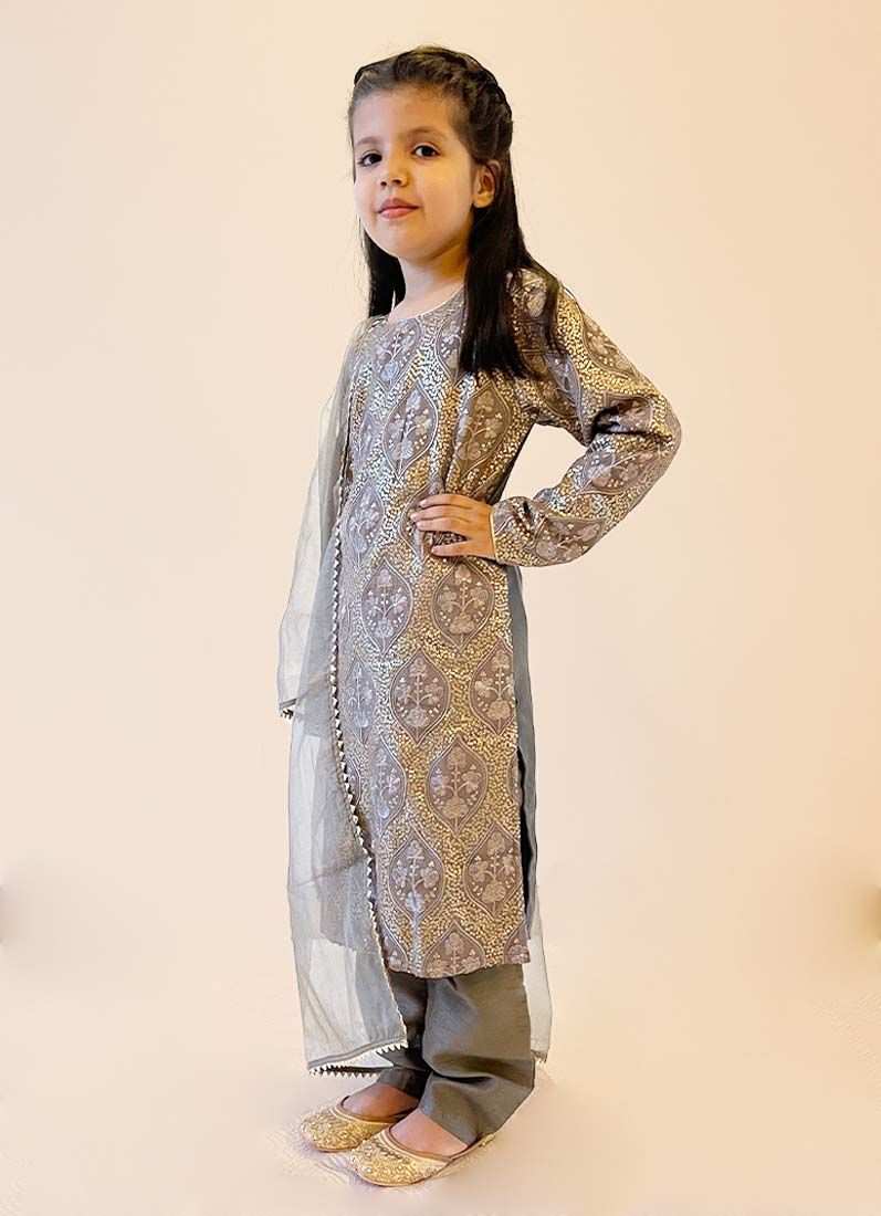Girls Grey Sequin Chinon Straight Cut Suit Set - Image 3