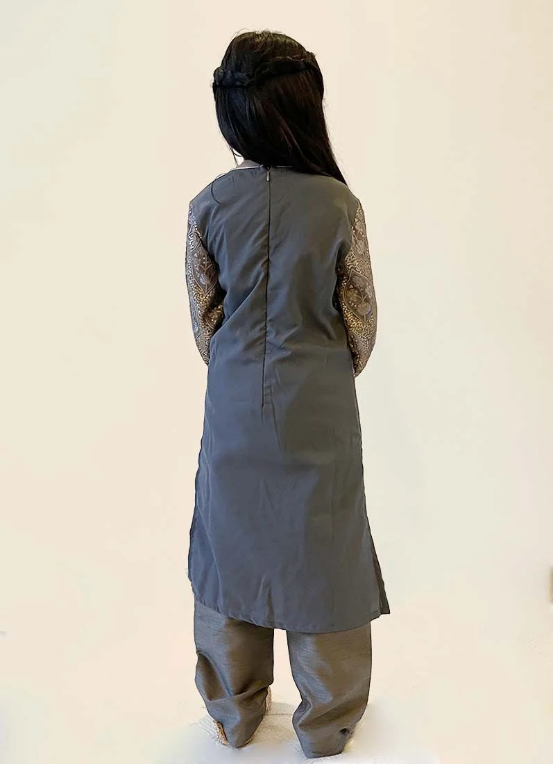 Girls Grey Sequin Chinon Straight Cut Suit Set - Image 4