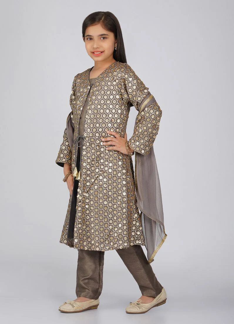 Girls Grey Sequined Jacket Suit with Inner & Chiffon Dupatta - Image 2