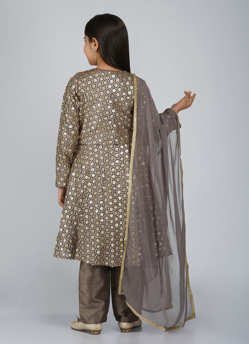 Girls Grey Sequined Jacket Suit with Inner & Chiffon Dupatta - Image 4
