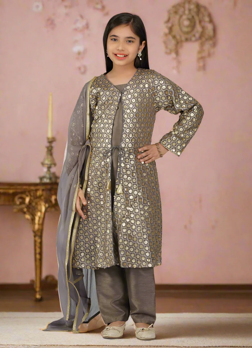 Girls Grey Sequined Jacket Suit with Inner & Chiffon Dupatta - Image 5