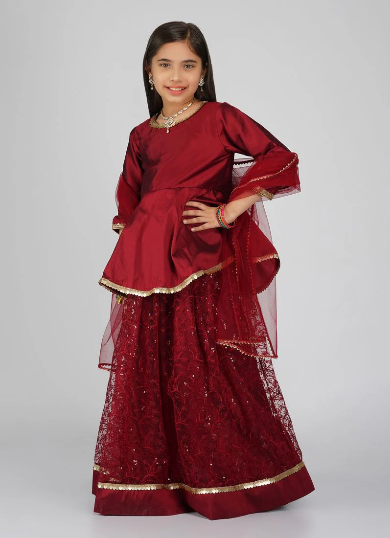 Girls Maroon Net Embroidered Lehenga Set - Image 2