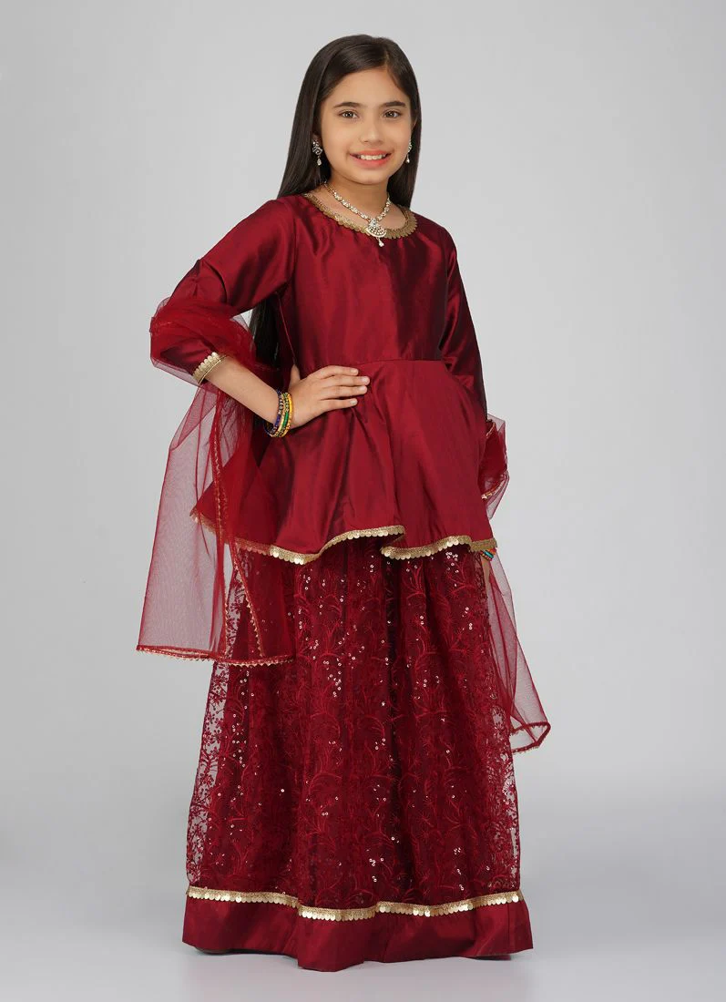 Girls Maroon Net Embroidered Lehenga Set - Image 3