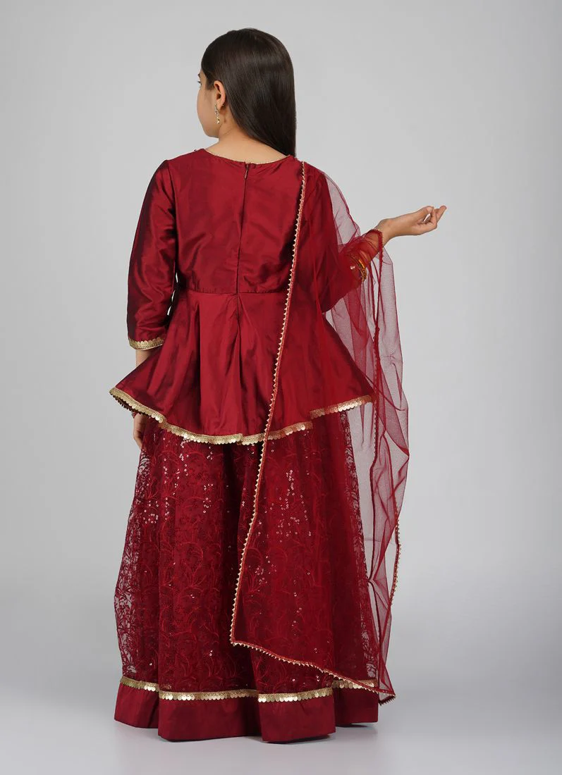 Girls Maroon Net Embroidered Lehenga Set - Image 4