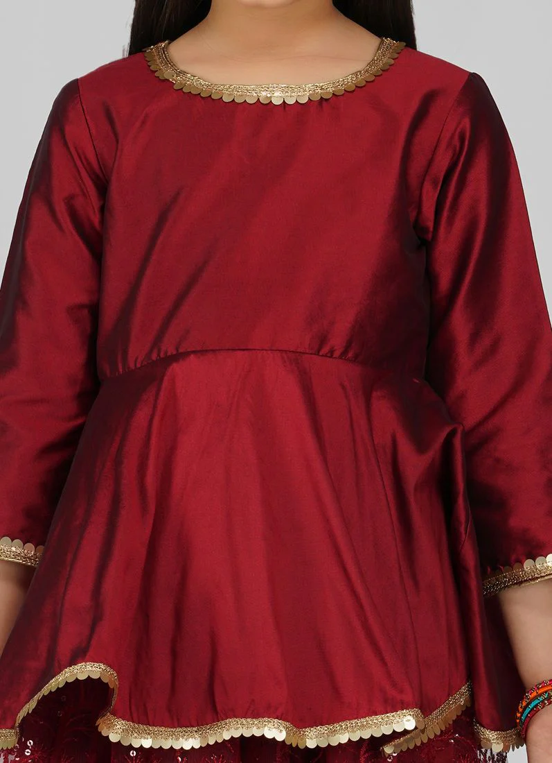 Girls Maroon Net Embroidered Lehenga Set - Image 5