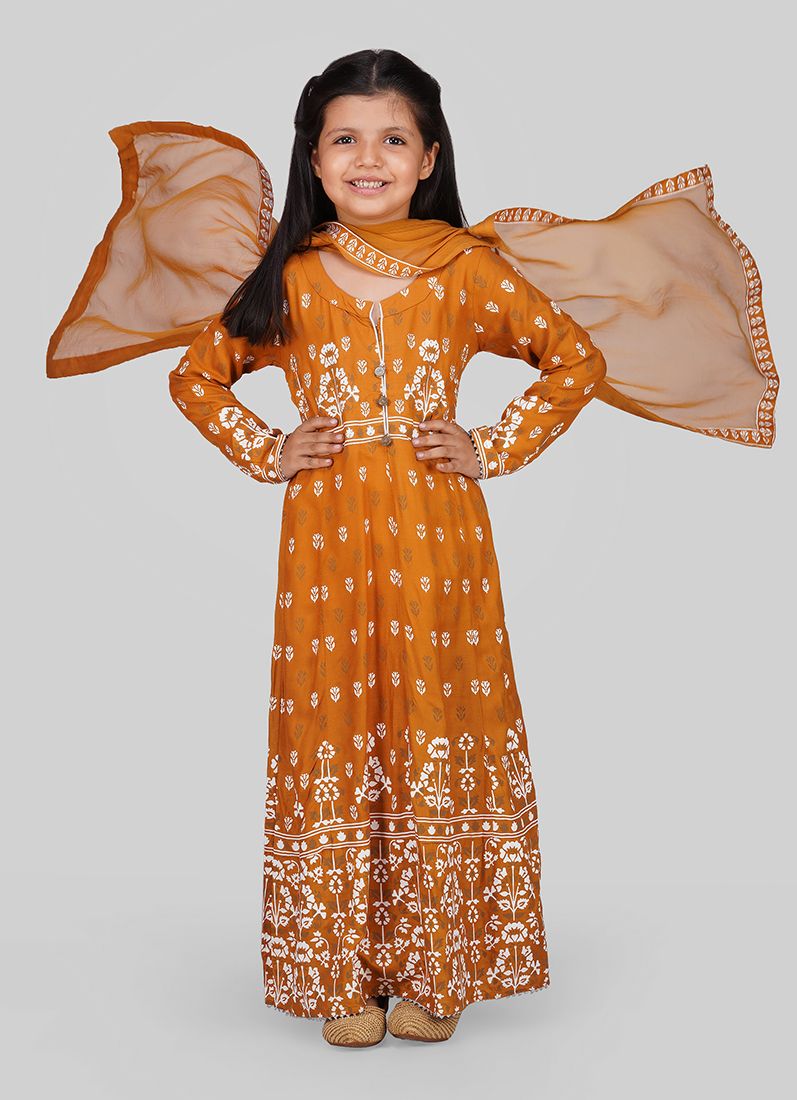 Girls Mustard Foil Printed Long Top with Straight Trouser & Net Dupatta - Image 2