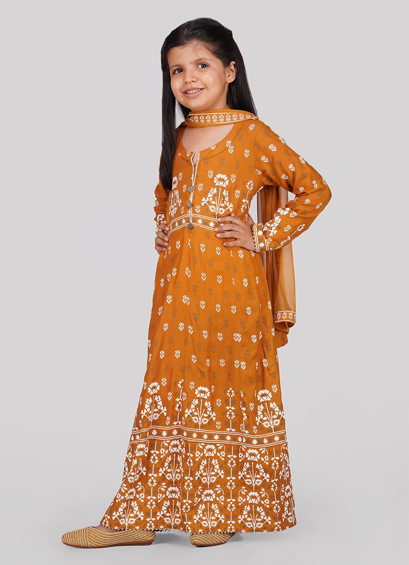 Girls Mustard Foil Printed Long Top with Straight Trouser & Net Dupatta - Image 3