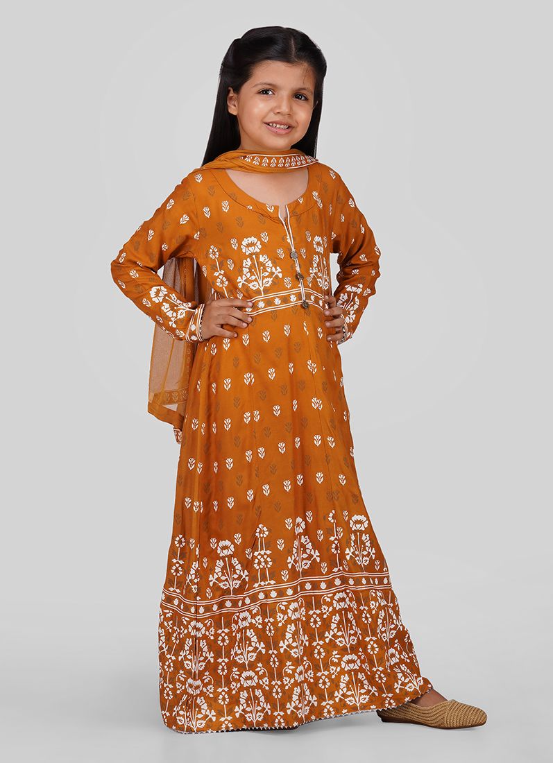 Girls Mustard Foil Printed Long Top with Straight Trouser & Net Dupatta - Image 4