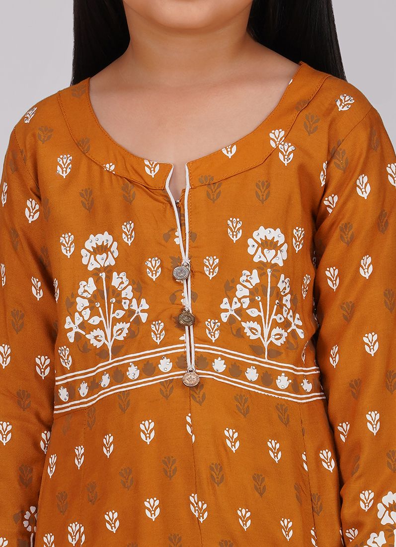 Girls Mustard Foil Printed Long Top with Straight Trouser & Net Dupatta - Image 5