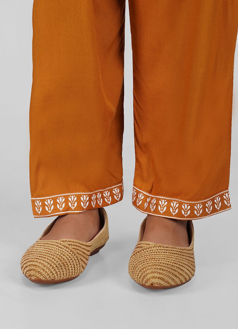 Girls Mustard Foil Printed Long Top with Straight Trouser & Net Dupatta - Image 7