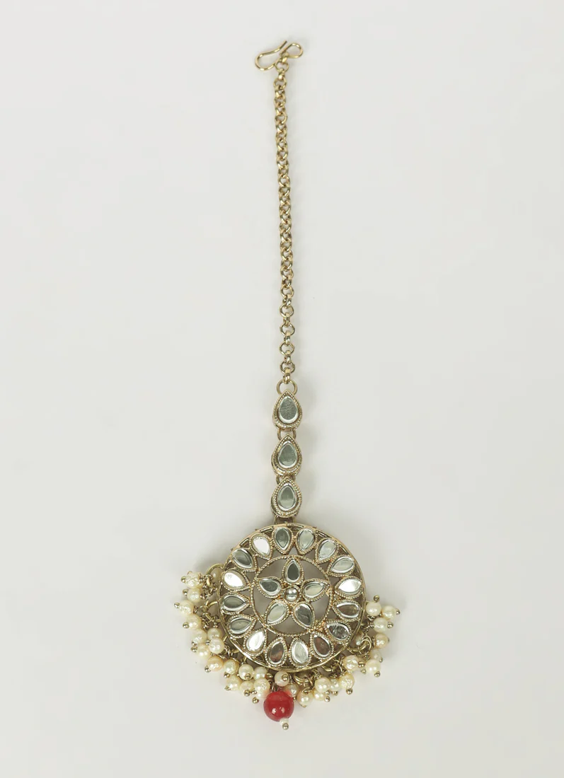 Gold Base Mirror Tikka with Mini Pearl & Maroon Bead Droplet - Image 2