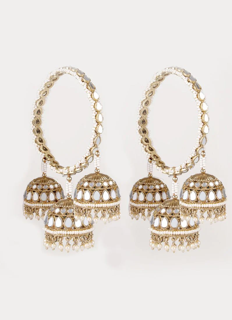 Gold Colour Mirror & Pearl Bangles with Triple Jhumki - Image 2