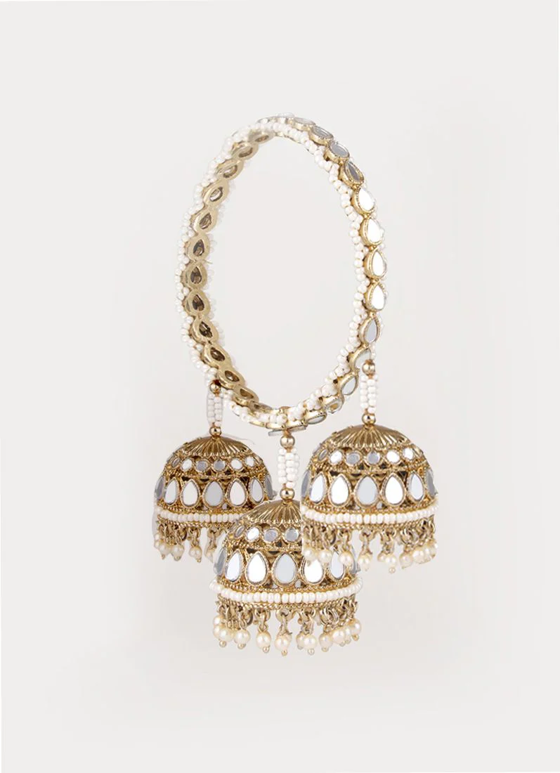 Gold Colour Mirror & Pearl Bangles with Triple Jhumki - Image 3