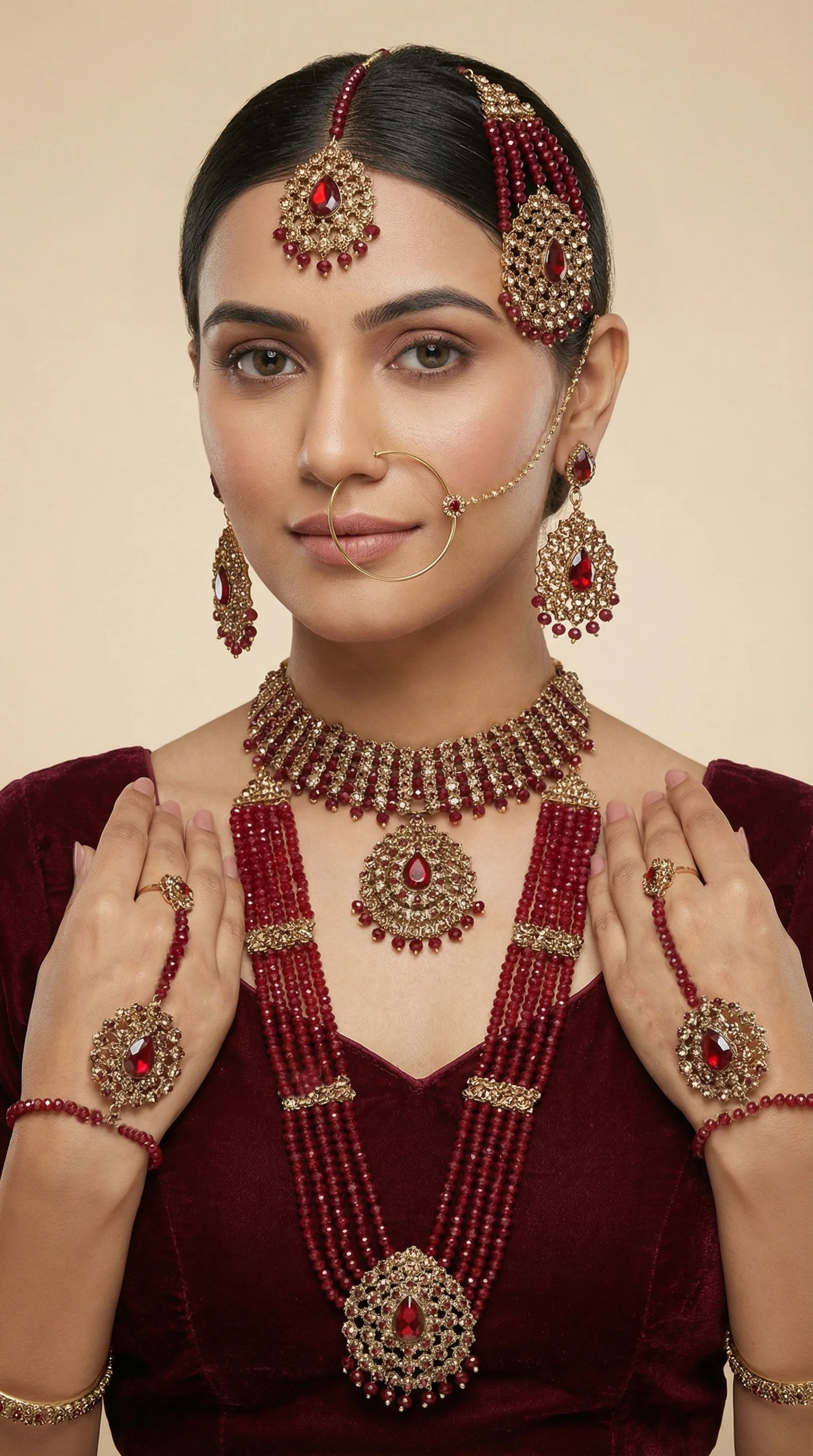 Gold Diamante Bridal Jewelry Set with Maroon Crystal Beads - Complete Wedding Set - Image 11