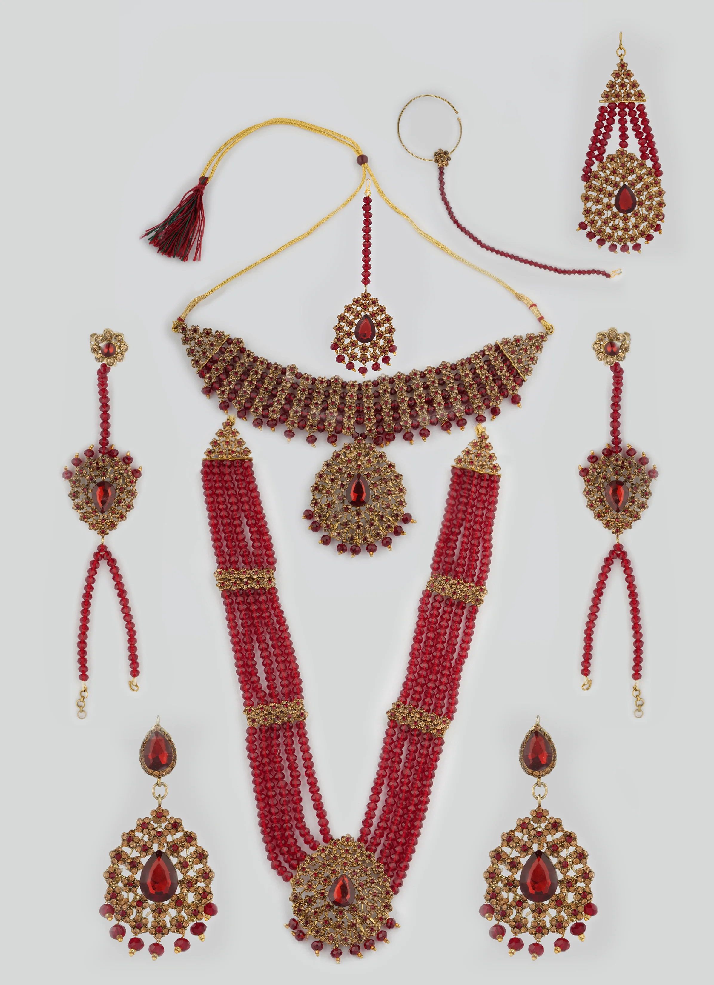 Gold Diamante Bridal Jewelry Set with Maroon Crystal Beads - Complete Wedding Set - Image 2