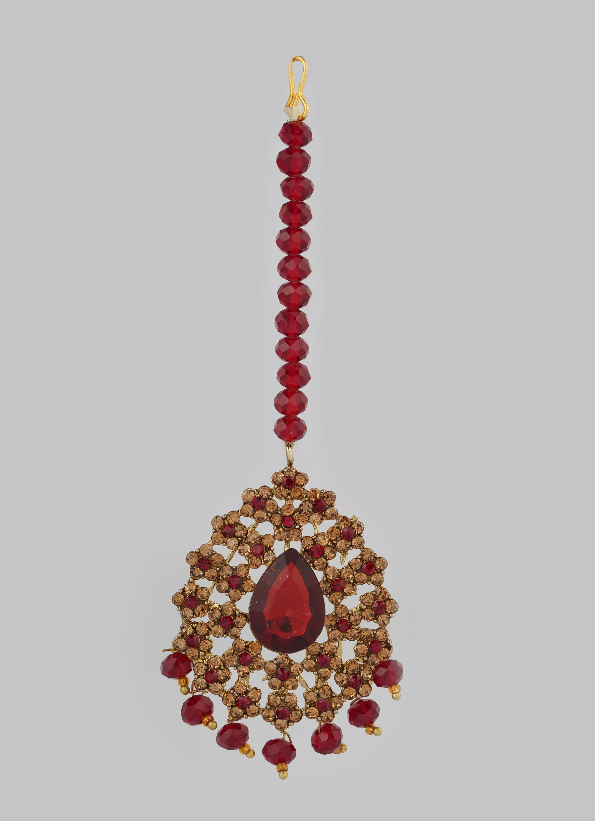 Gold Diamante Bridal Jewelry Set with Maroon Crystal Beads - Complete Wedding Set - Image 5