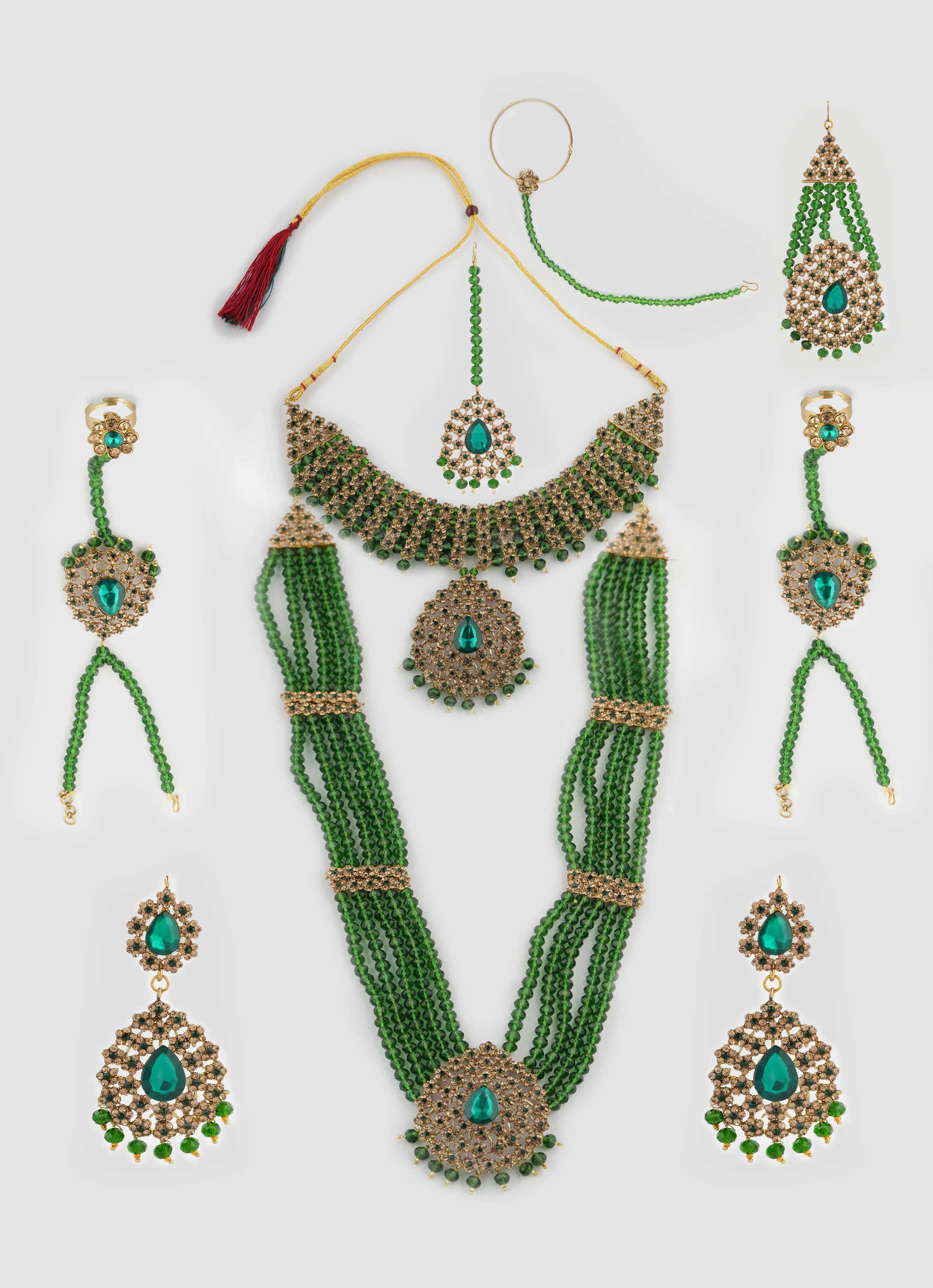 Gold Diamante Bridal Jewelry Set with Dark Green Crystal Beads - Complete Wedding Set - Image 2