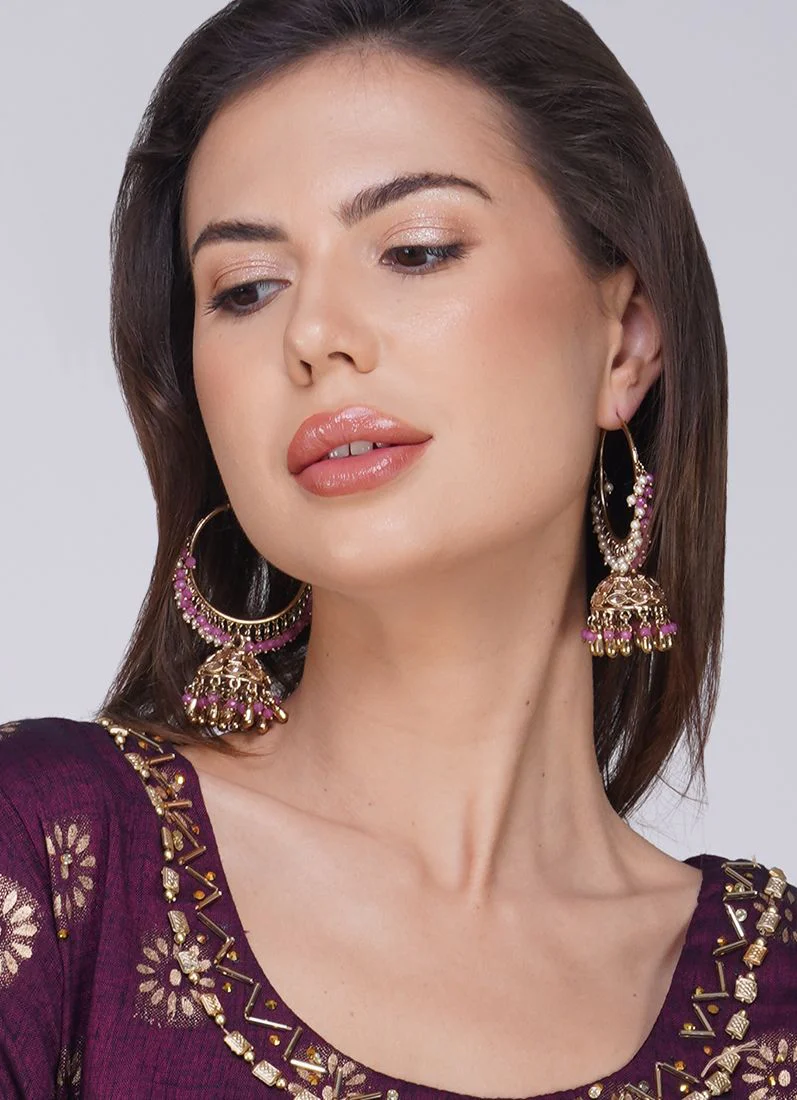 Gold Diamante Jumki Earrings with Purple Beads & Pearl Drops - Image 2