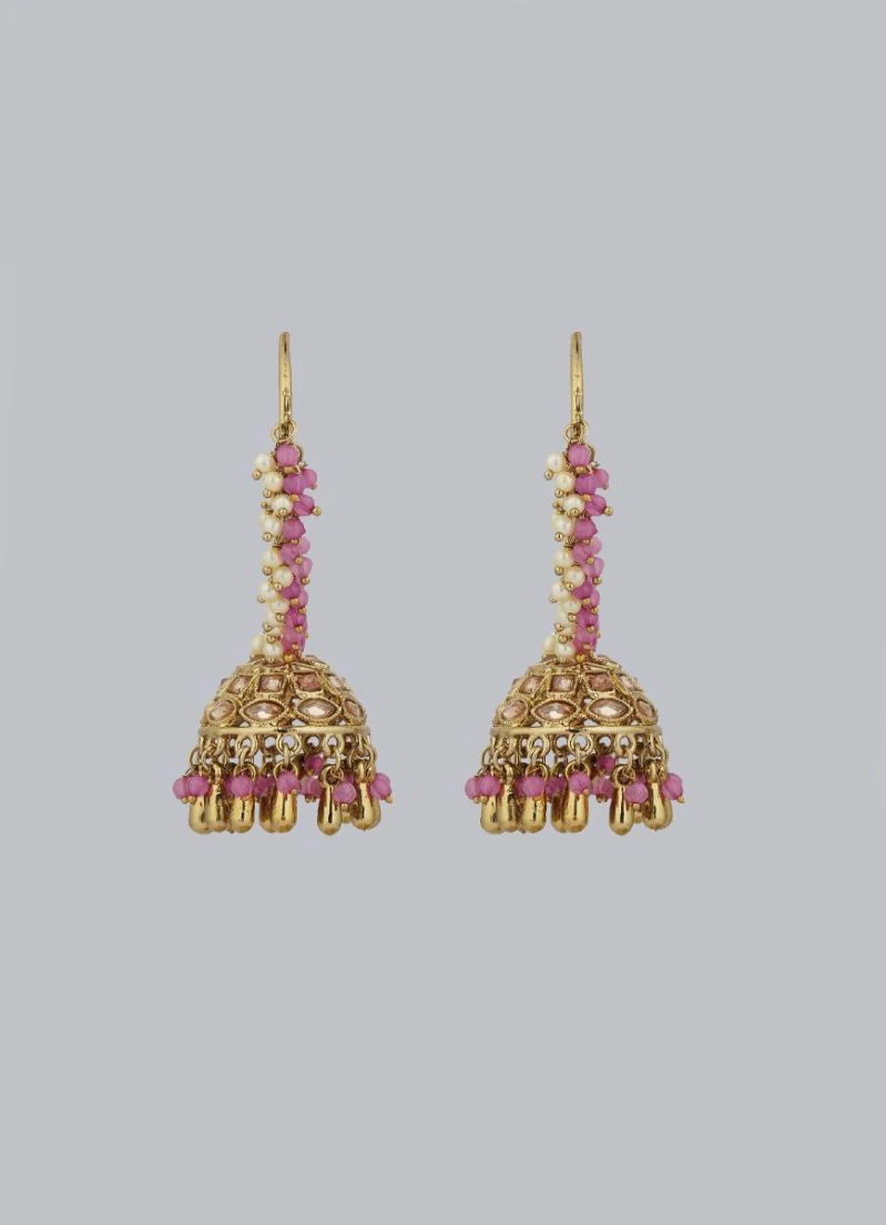 Gold Diamante Jumki Earrings with Purple Beads & Pearl Drops - Image 3