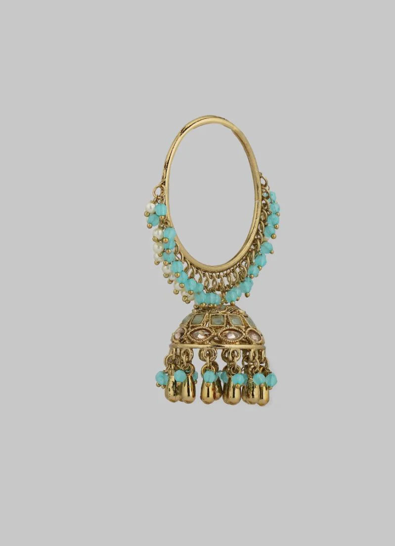 Gold Diamante with Aqua Beads and Pearl Bali Earrings - Image 2
