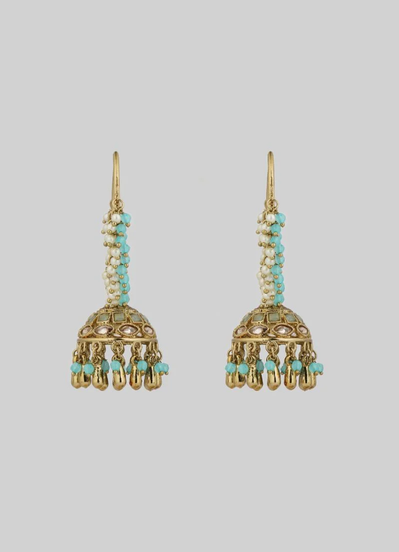 Gold Diamante with Aqua Beads and Pearl Bali Earrings - Image 3